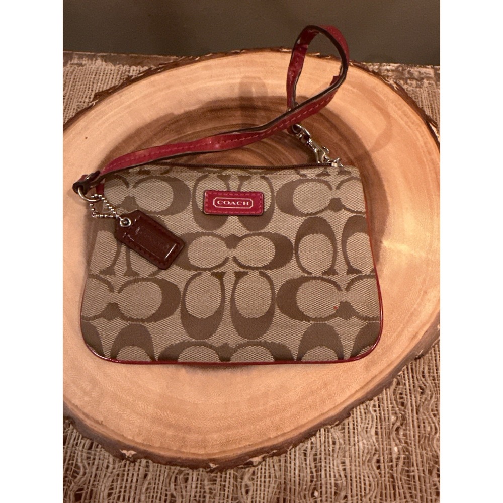 Coach Wristlet Logo Canvas with Red‎ Patent Leather Trim